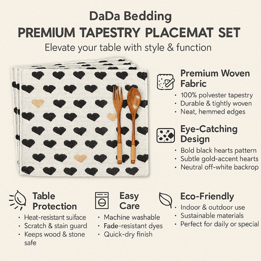 DaDa Bedding Set of 4-Pieces Valentine's day Yellow & Black Hearts Tapestry Dining Table Placemats 13β x 19β (18113)