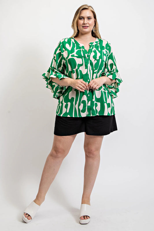 Geometric print ruffled bell sleeve woven top - All Season Fashion