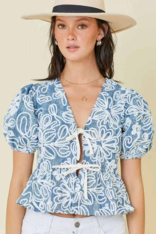 Denim Embroidered Crop Top with Front Tie Detail - All Season Fashion