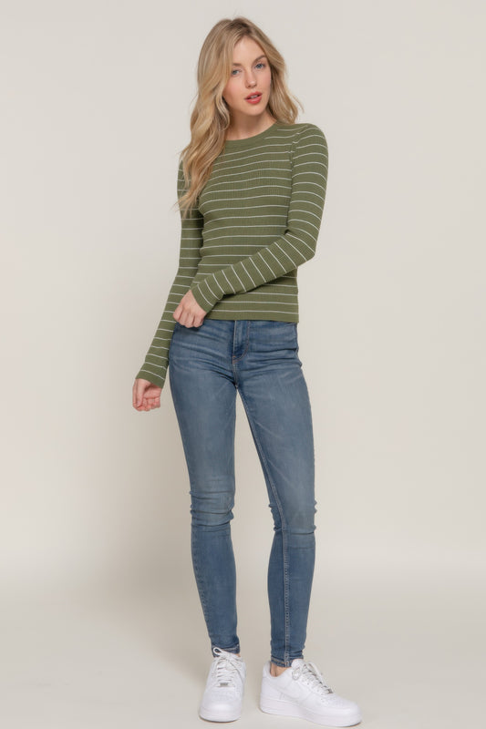 Long slv crew neck stripe sweater - All Season Fashion