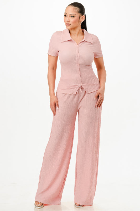 Textured Polo Top And Pants Set - All Season Fashion