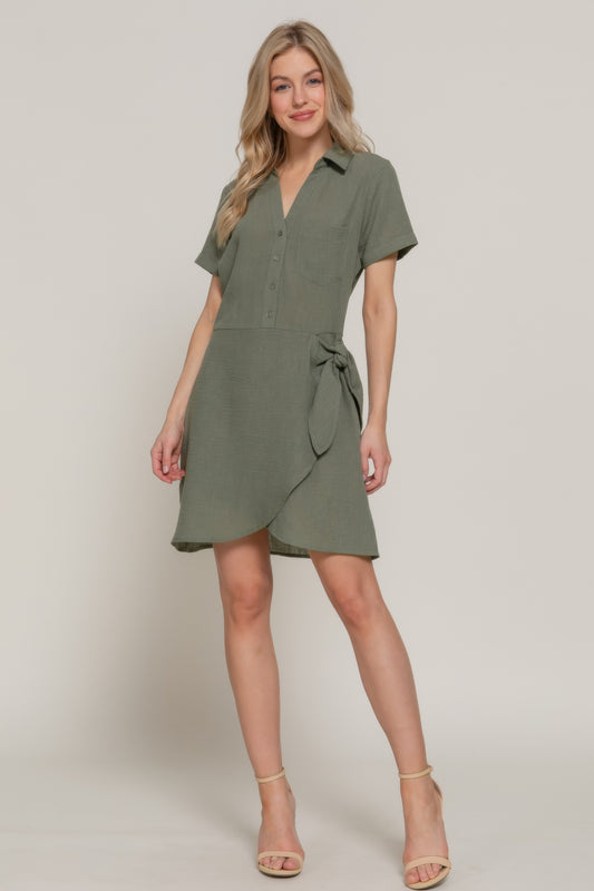 Button Down Side Bow Linen Effect Mini Dress - All Season Fashion