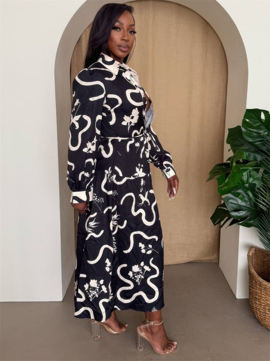 Botanic Maze Belted Shirt Dress - All Season Fashion