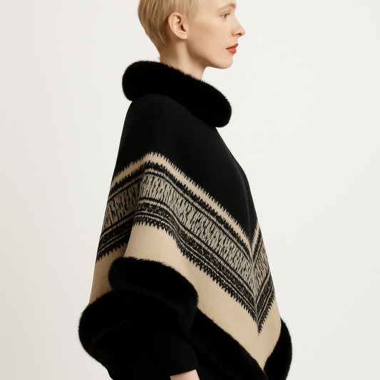 Chevron Trim Poncho With Faux Fur Collar - All Season Fashion