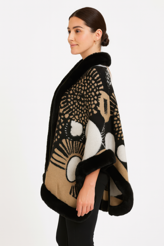 Abstract Print Faux Fur Trim Cape In Black & Camel - All Season Fashion