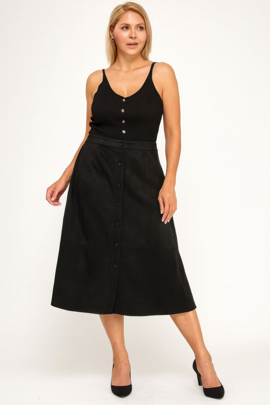 Plus Size Button-front Faux Suede Aline Midi Skirt - All Season Fashion