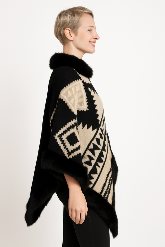 Tribal Luxe Faux Fur Trim Poncho - All Season Fashion