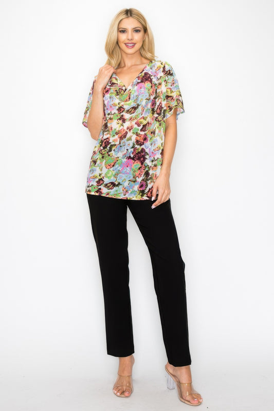 Sheer Neon Floral Cowl Neck Whimsgoth Relaxed Top - All Season Fashion
