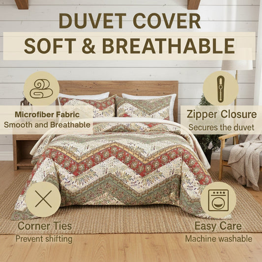 DaDa Bedding Botanical Cranberry Sage Chevron Floral Duvet Cover Set w/ Pillow Cases (JHW-924)