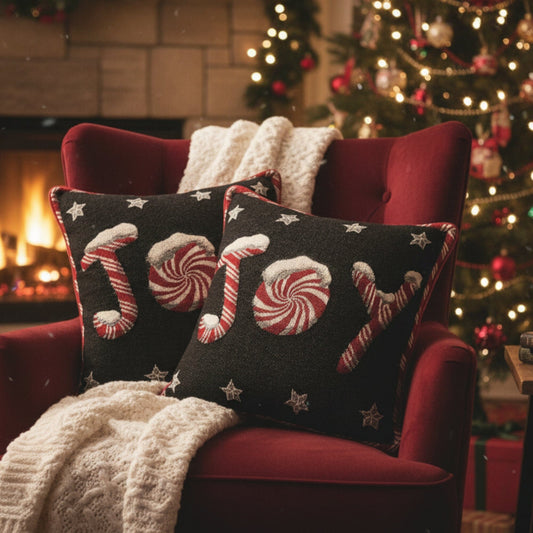DaDa Bedding Peppermint Joy Stars Red Black Tapestry Throw Pillow Cover - 16β x 16β (12904)