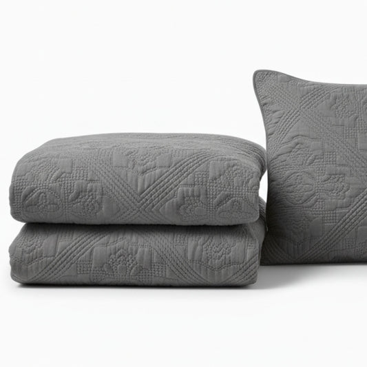 DaDa Bedding Floral Vintage Stone Wash Grey MatelassΓ© Ash Silver Diamond Pattern Quilted Bedspread Set (JHW855)