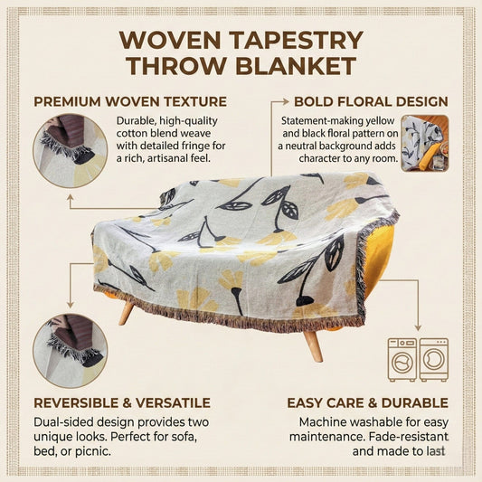 DaDa Bedding Yellow Fleur Botanical Sunshine Golden Floral Woven Tapestry Throw Blanket - 50β x 60β (18112)