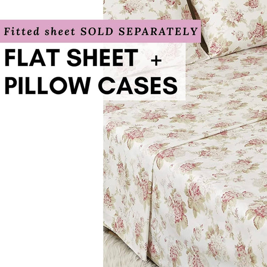 DaDa Bedding Hint of Mint Dainty Cottage Floral Roses Cotton Flat Sheet Only w/ Pillow Case (3036)