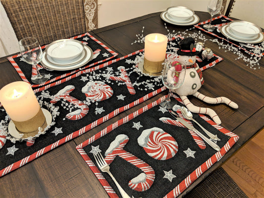 DaDa Bedding Set of 8 Pieces Peppermint Joy Holiday Table Tapestry - 4 Placemats, 2 Table Runners, 2 Throw Pillow Covers (12904)