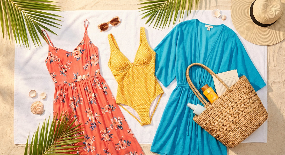 A bright, cheerful flat lay of a complete vacation wardrobe including a sundress, swimsuit, cover-up, and accessories arranged on a sandy beach towel in warm sunlight.