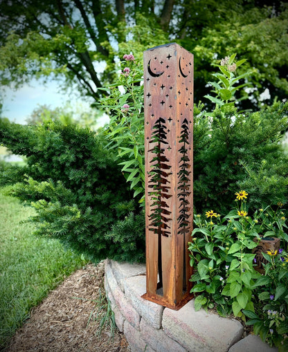 4-Sided Night Sky Pine Tree Solar Pillar - Steel