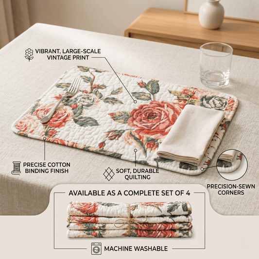 DaDa Bedding Set of 4-Pieces Romantic Roses Pink Floral Quilted Dining Placemats 13β x 19β (879)