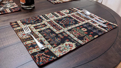DaDalogy Bedding Set of 4-Pieces Dark Noir Mughal Floral Botanical Vintage Fleur Tapestry Placemats 13” x 19” (18197)