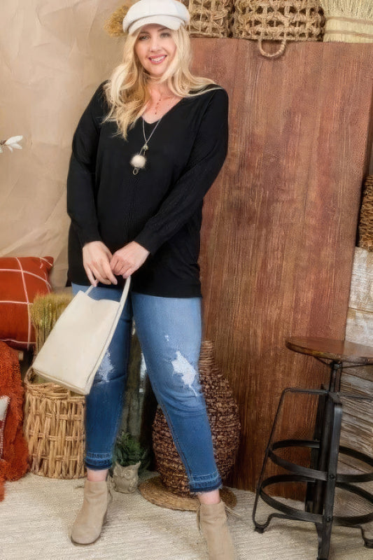Plus Size V Neck 3/4 Sleeve Side Slit Hi-lo Sweater - All Season Fashion