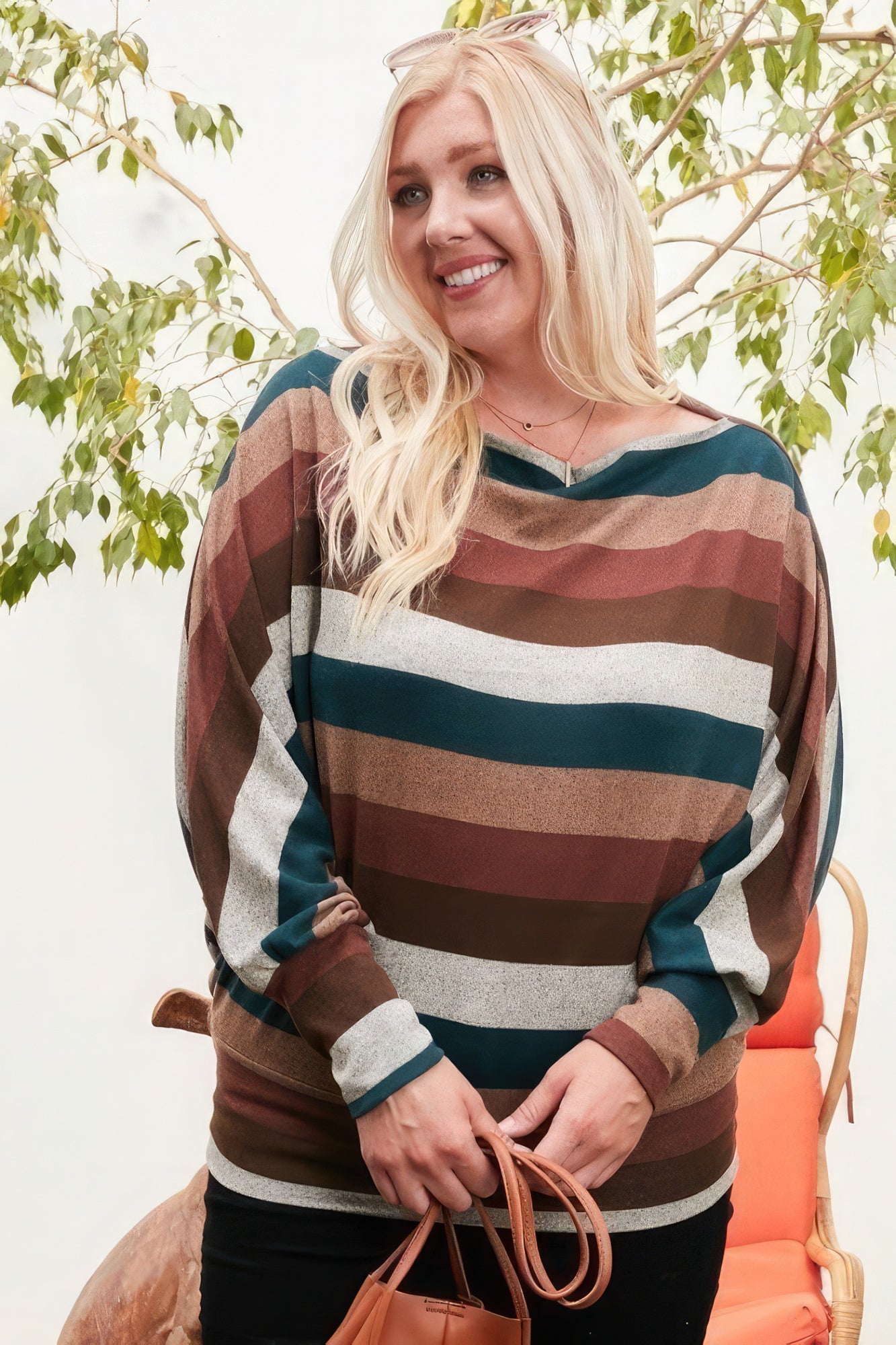 Boat Neck Long Bubble Sleeve Multi Stripe Print Knit Top - All Season Fashion
