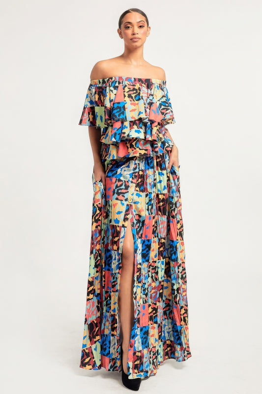Printed Ruffle Top And Pleated Skirt Set - All Season Fashion