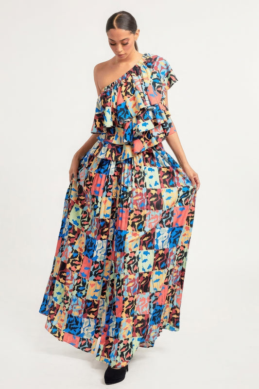 Printed Ruffle Top And Pleated Skirt Set - All Season Fashion