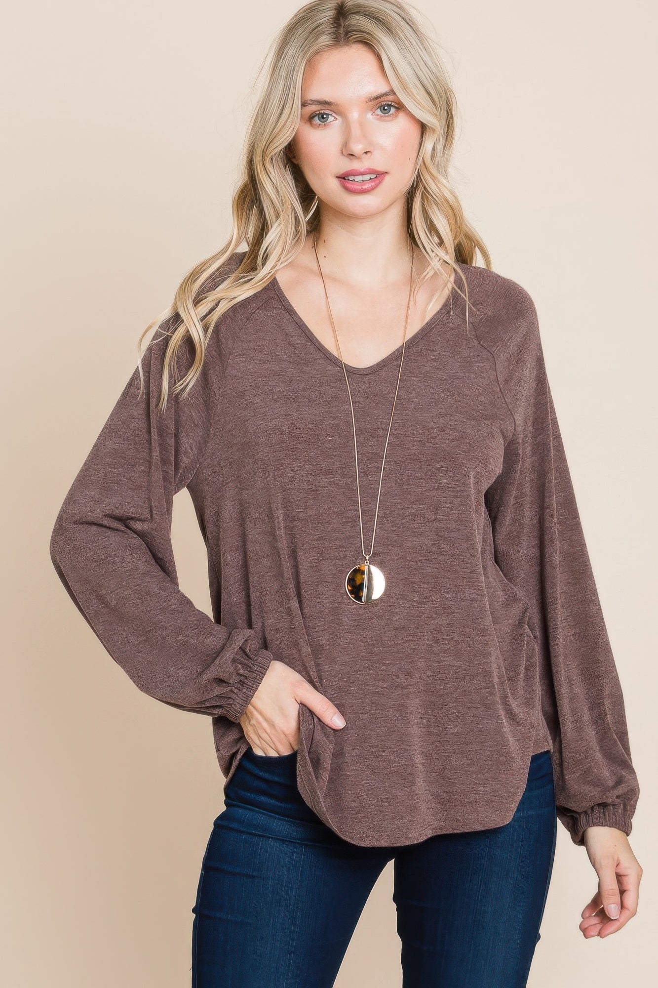 Casual V Neck Basic Long Sleeve Top - All Season Fashion