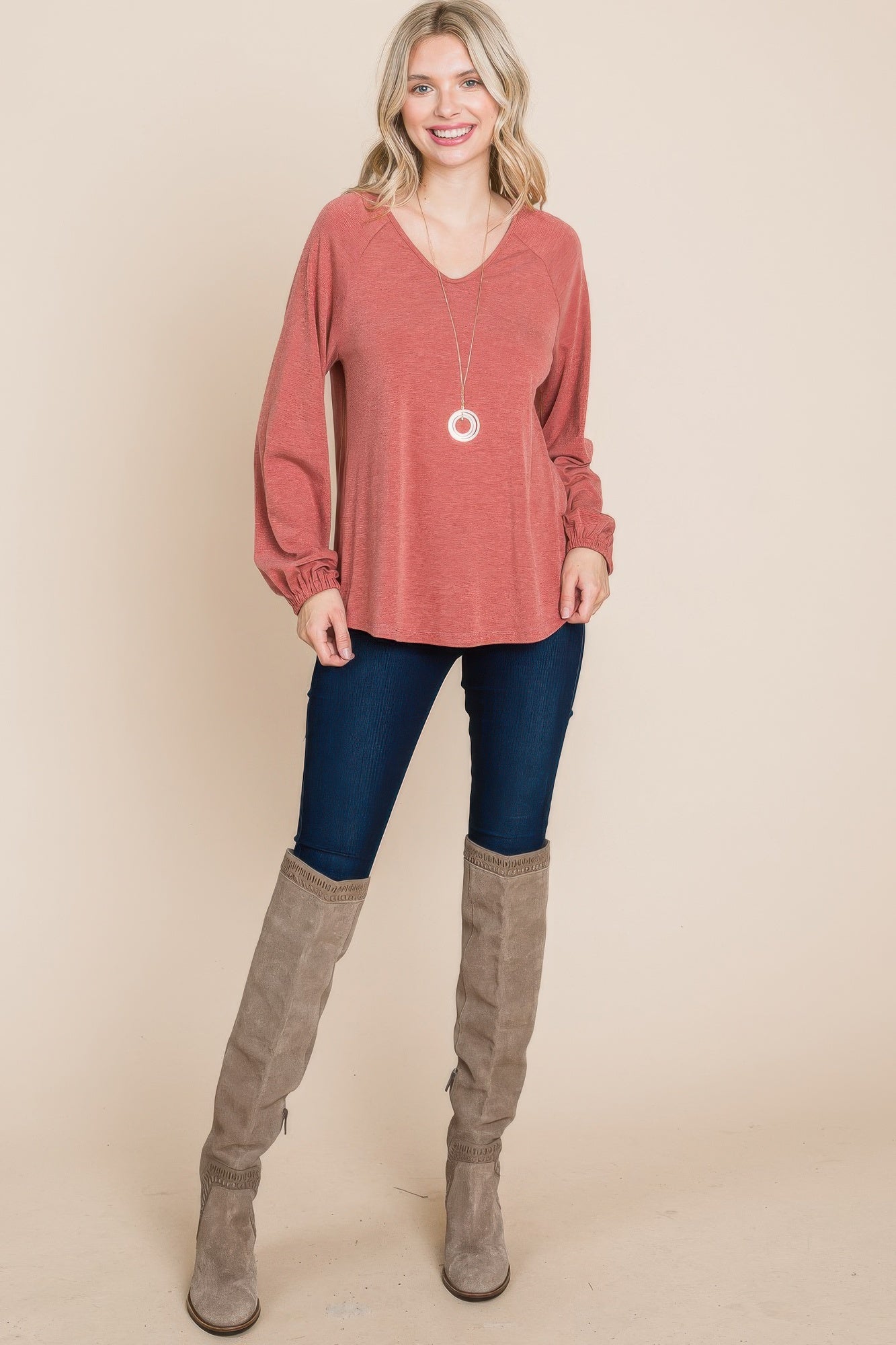 Casual V Neck Basic Long Sleeve Top - All Season Fashion