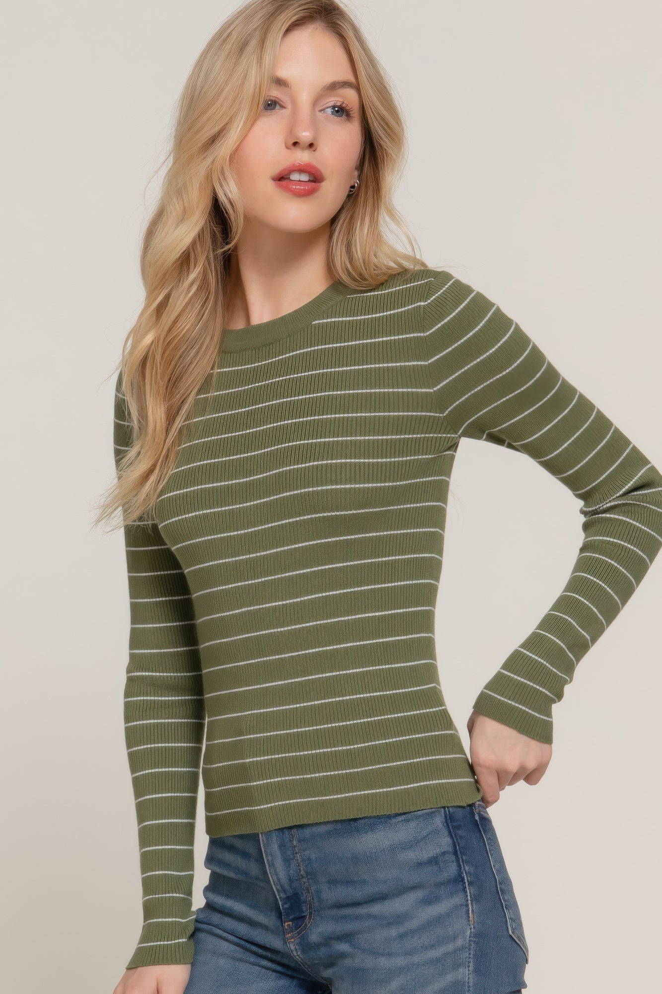 Long slv crew neck stripe sweater - All Season Fashion