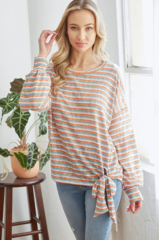 Striped Longsleeve Top With Ribbon - All Season Fashion