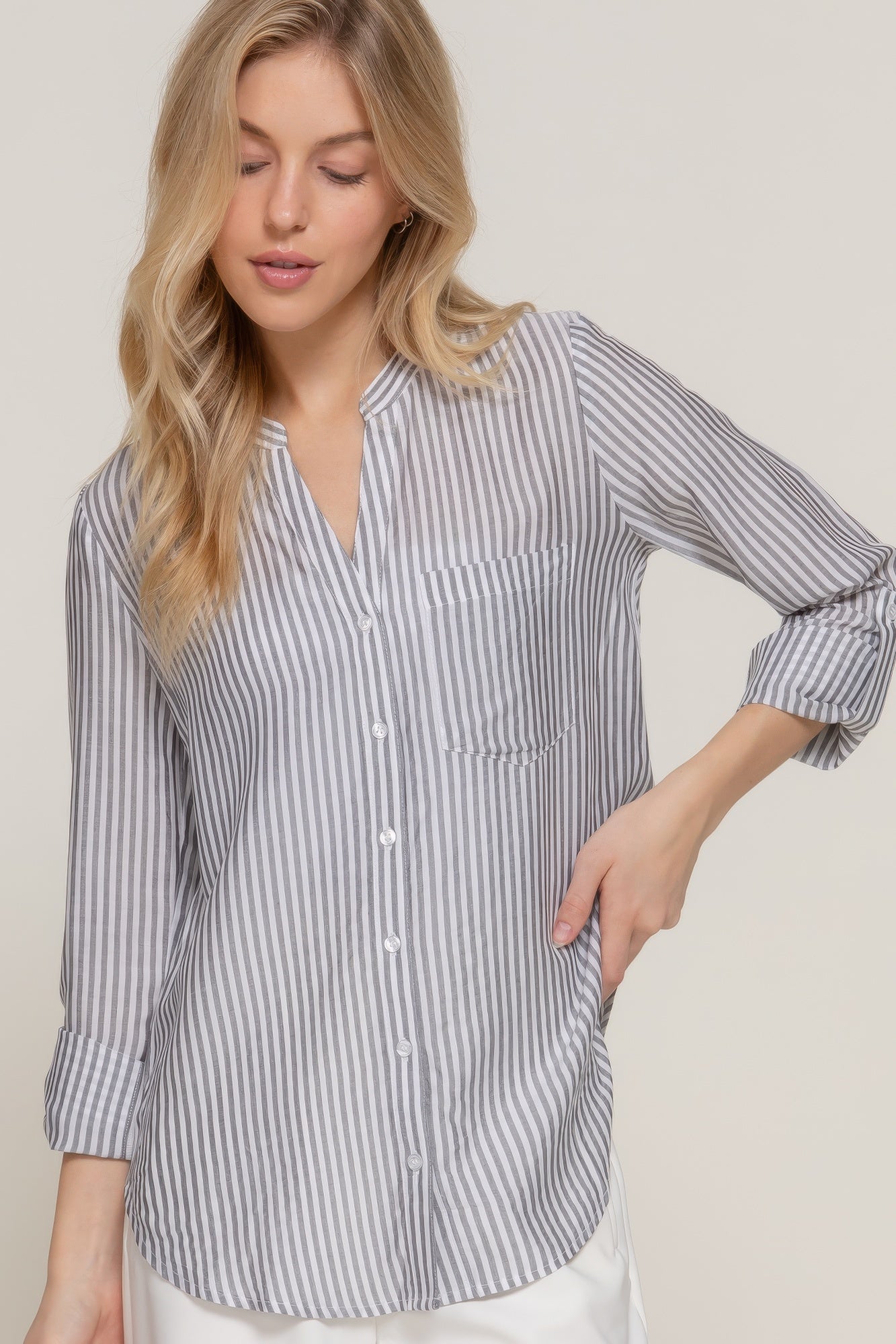 Long Slv Split Round Neck Stripe Woven Shirt - All Season Fashion