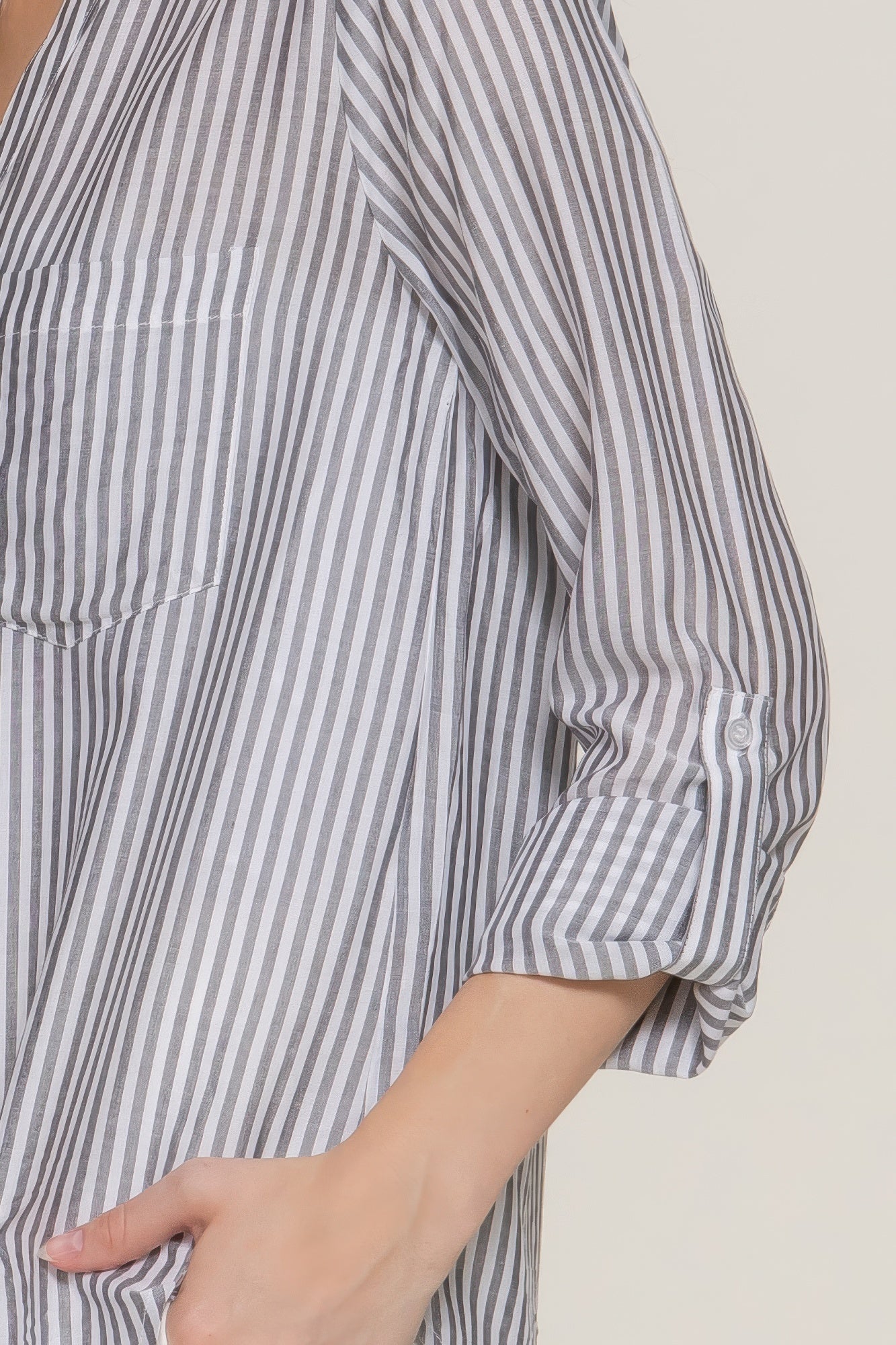 Long Slv Split Round Neck Stripe Woven Shirt - All Season Fashion
