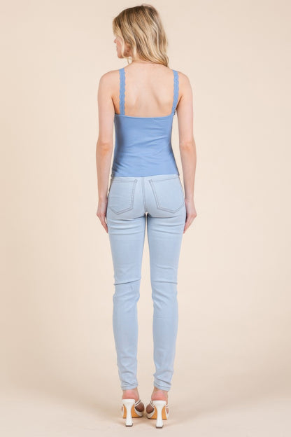 Ribbed V-neck Lace Trim With Strap Tank Top - All Season Fashion