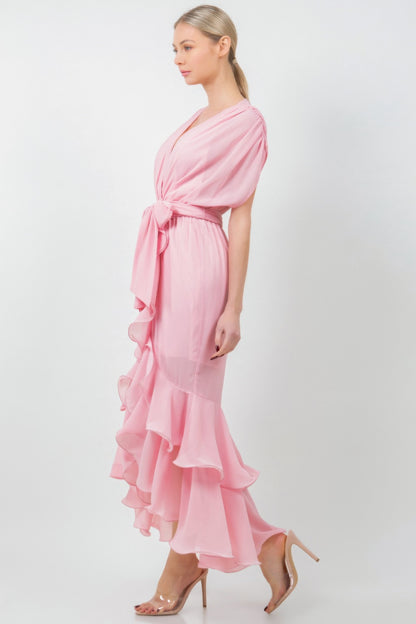 Solid Tie Waist Ruffle Midi Dress - All Season Fashion