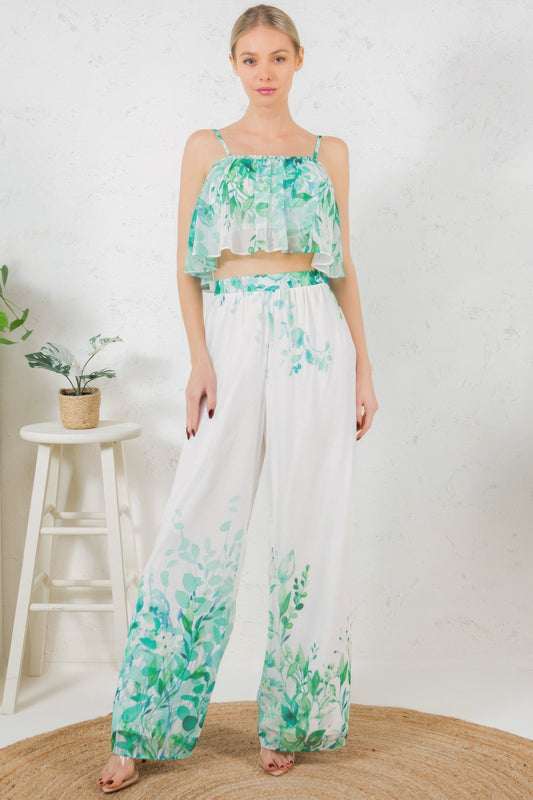 Printed Crop Top & Wide Leg Long Pants Set - All Season Fashion