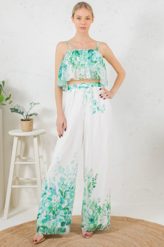 Printed Crop Top & Wide Leg Long Pants Set - All Season Fashion