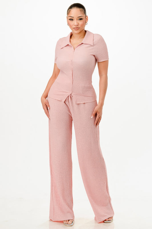 Textured Polo Top And Pants Set - All Season Fashion