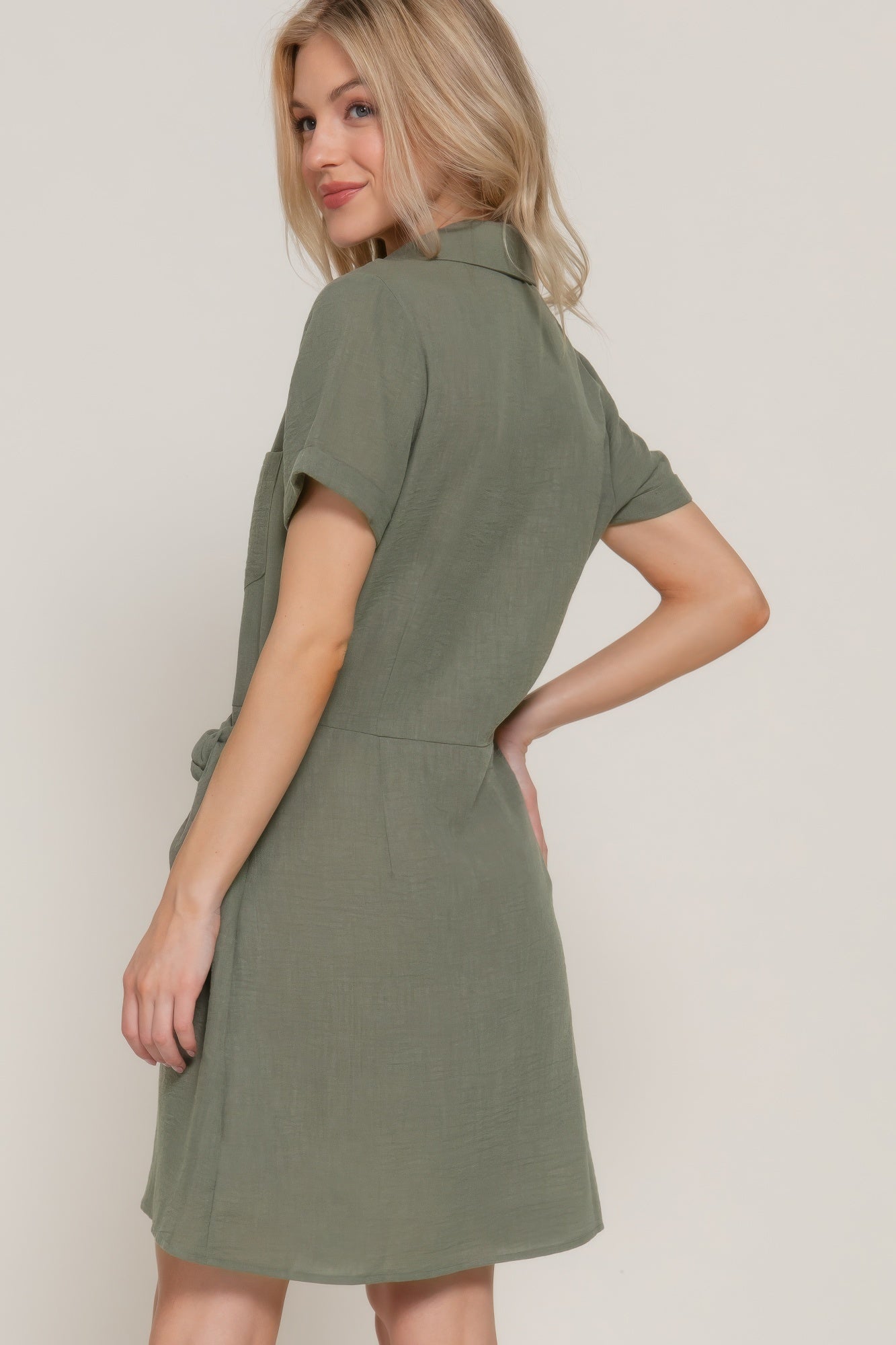 Button Down Side Bow Linen Effect Mini Dress - All Season Fashion