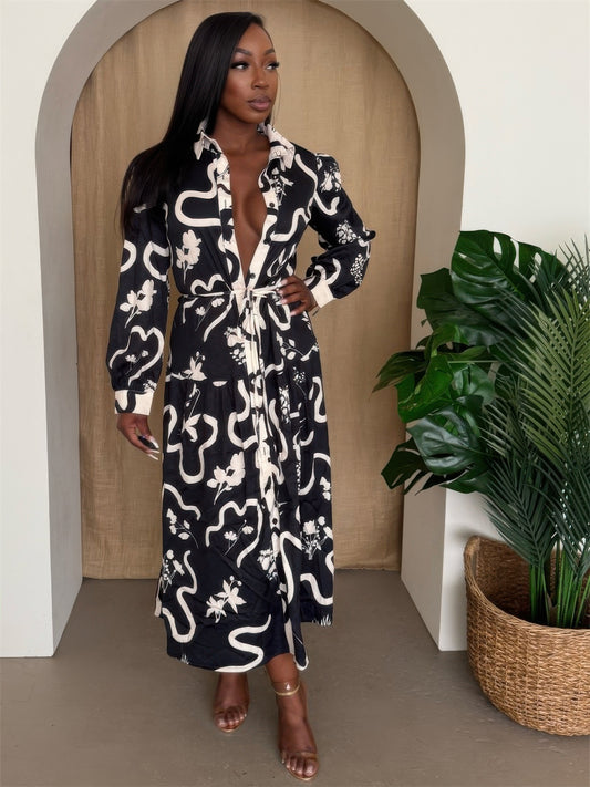 Botanic Maze Belted Shirt Dress - All Season Fashion