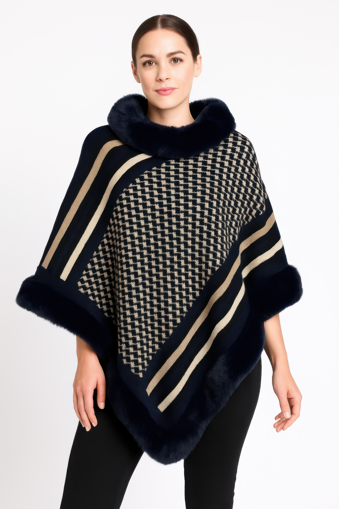 Patterned Knit Poncho With Faux Fur Trim - All Season Fashion