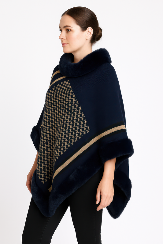 Patterned Knit Poncho With Faux Fur Trim - All Season Fashion