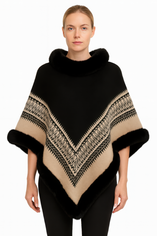 Chevron Trim Poncho With Faux Fur Collar - All Season Fashion
