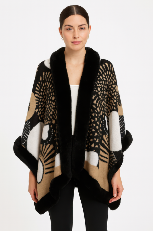 Abstract Print Faux Fur Trim Cape In Black & Camel - All Season Fashion
