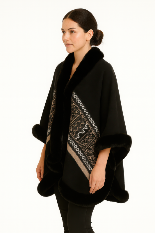 Black Geometric Border Faux Fur Trim Cape - All Season Fashion