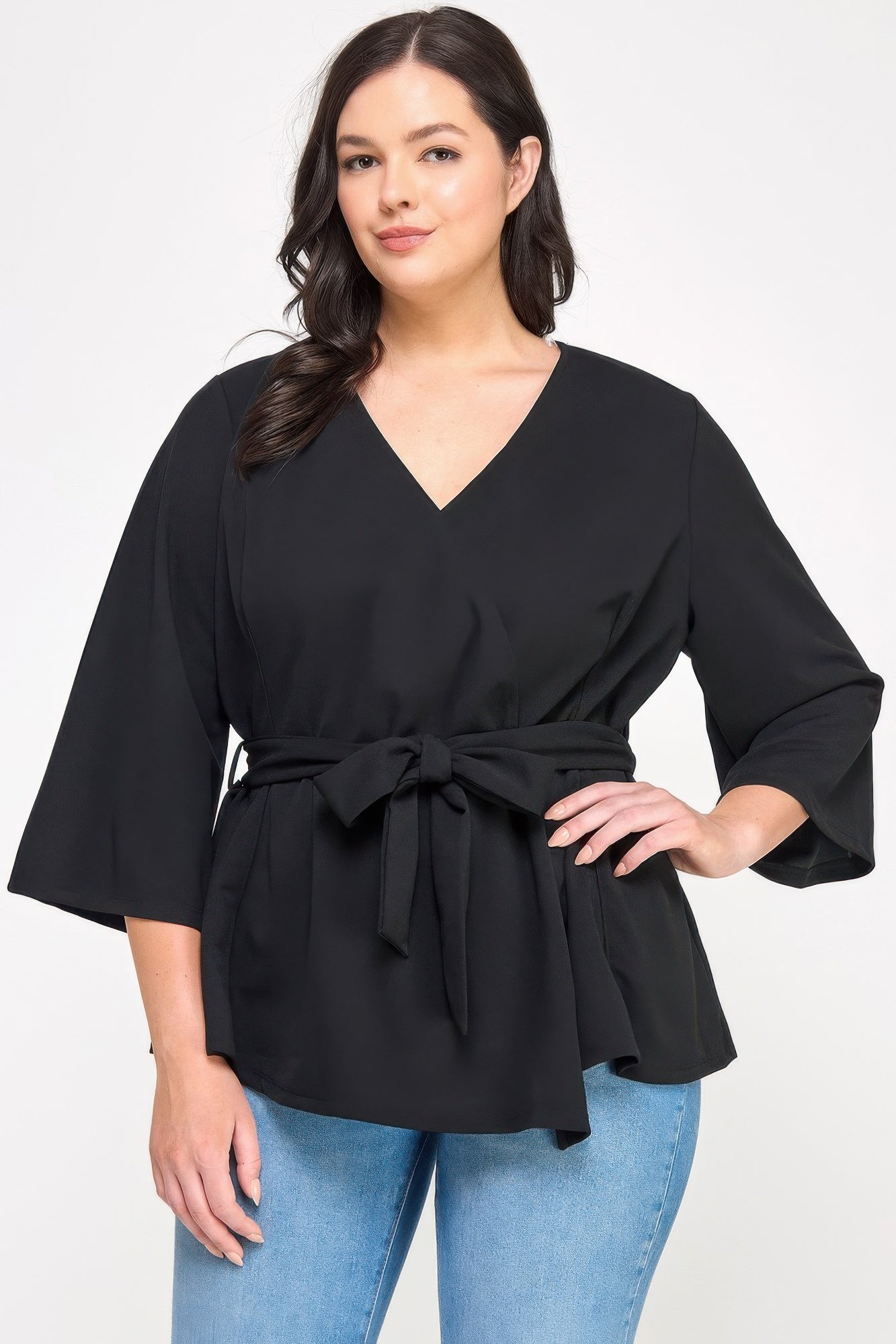 Plus Size Black Wrap Tie-waist Jacket - All Season Fashion