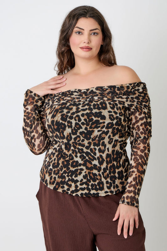 Plus Size Leopard Print Off-the-shoulder Blouse - All Season Fashion
