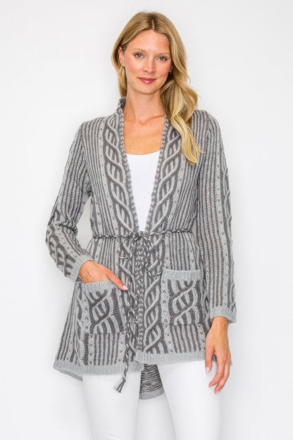 Open Wool Cardigan With Belt String & Front Pocket - All Season Fashion