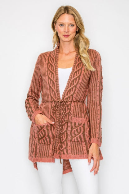 Open Wool Cardigan With Belt String & Front Pocket - All Season Fashion