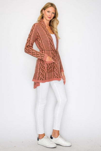 Open Wool Cardigan With Belt String & Front Pocket - All Season Fashion