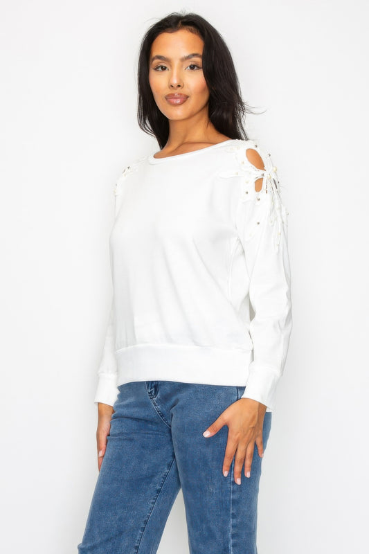 Solid Pear Bead Flower Patch Cut Out Sweatshirt - All Season Fashion